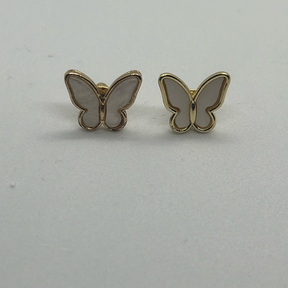 Delicate Gold & White Enamel Butterfly Stud Earrings - 0.55" Mismatch Style